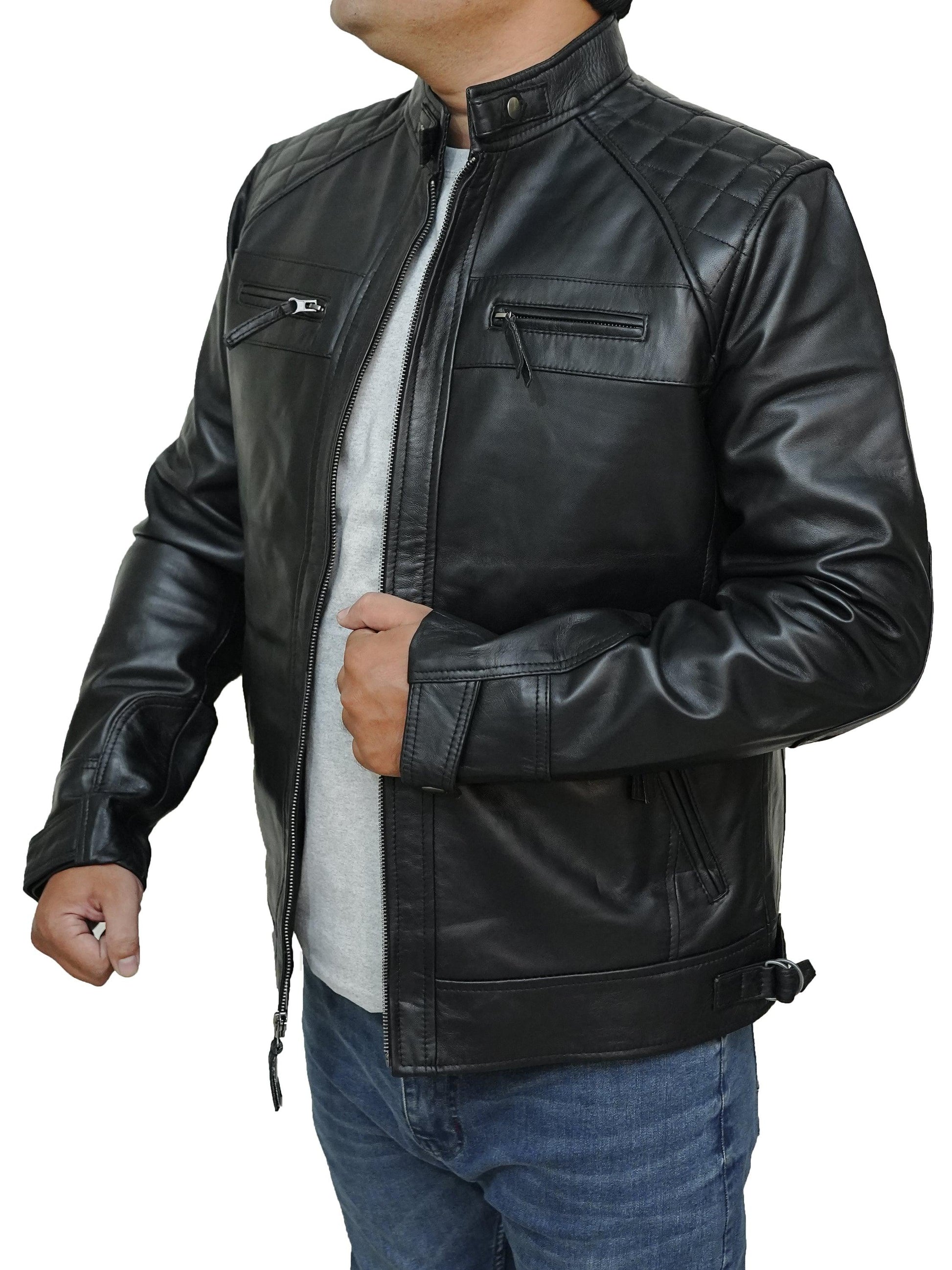 Bringo_Mens_Quilted_Shoulders_Moto_Biker_Cafe_Racer_Metal_Zipper_Strap_Collar_Black_Lambskin_Leather_Jacket