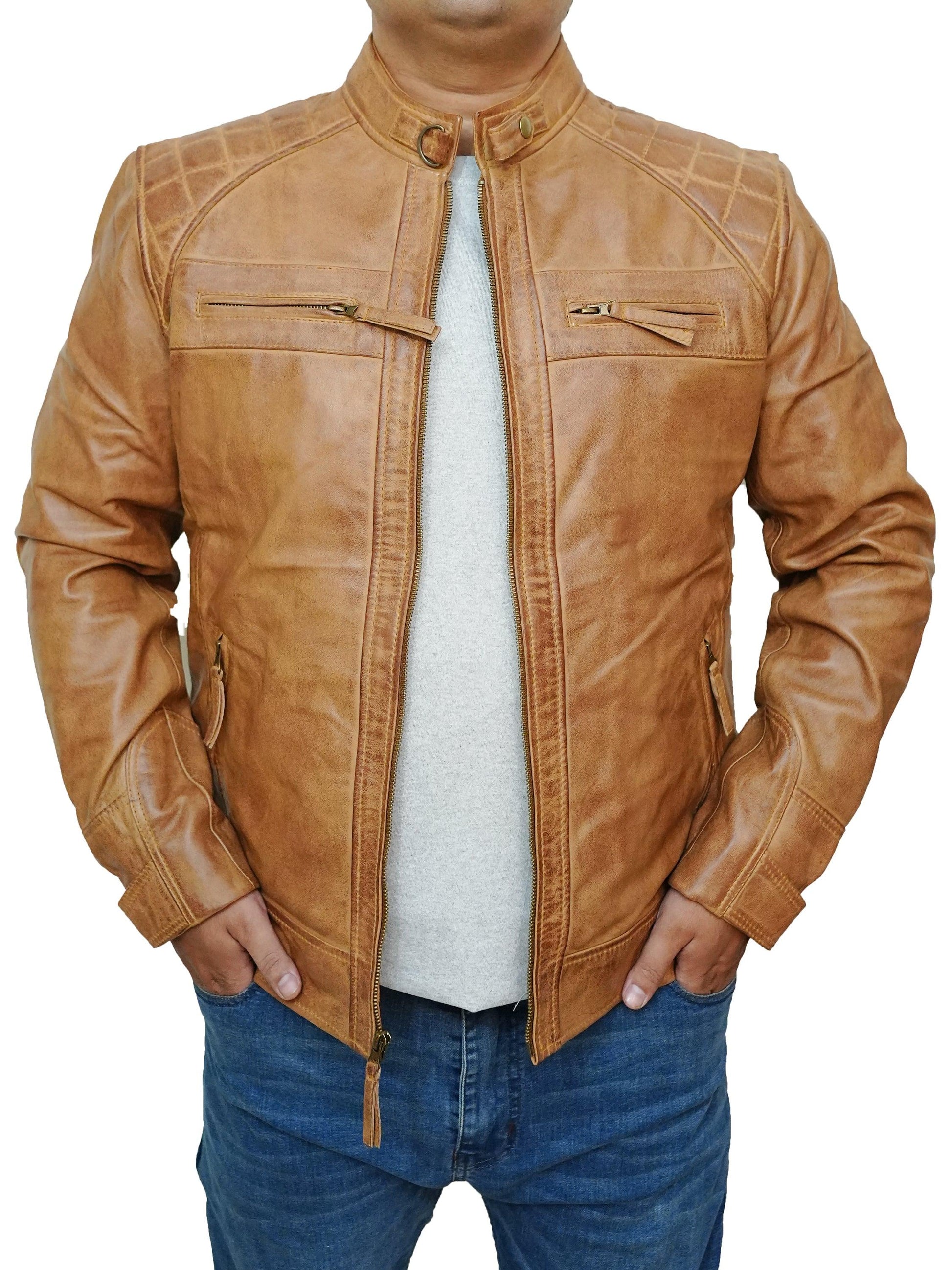 Bringo_Mens_Quilted_Shoulders_Moto_Biker_Cafe_Racer_Metal_Zipper_Strap_Collar_Cognac_Lambskin_Leather_Jacket
