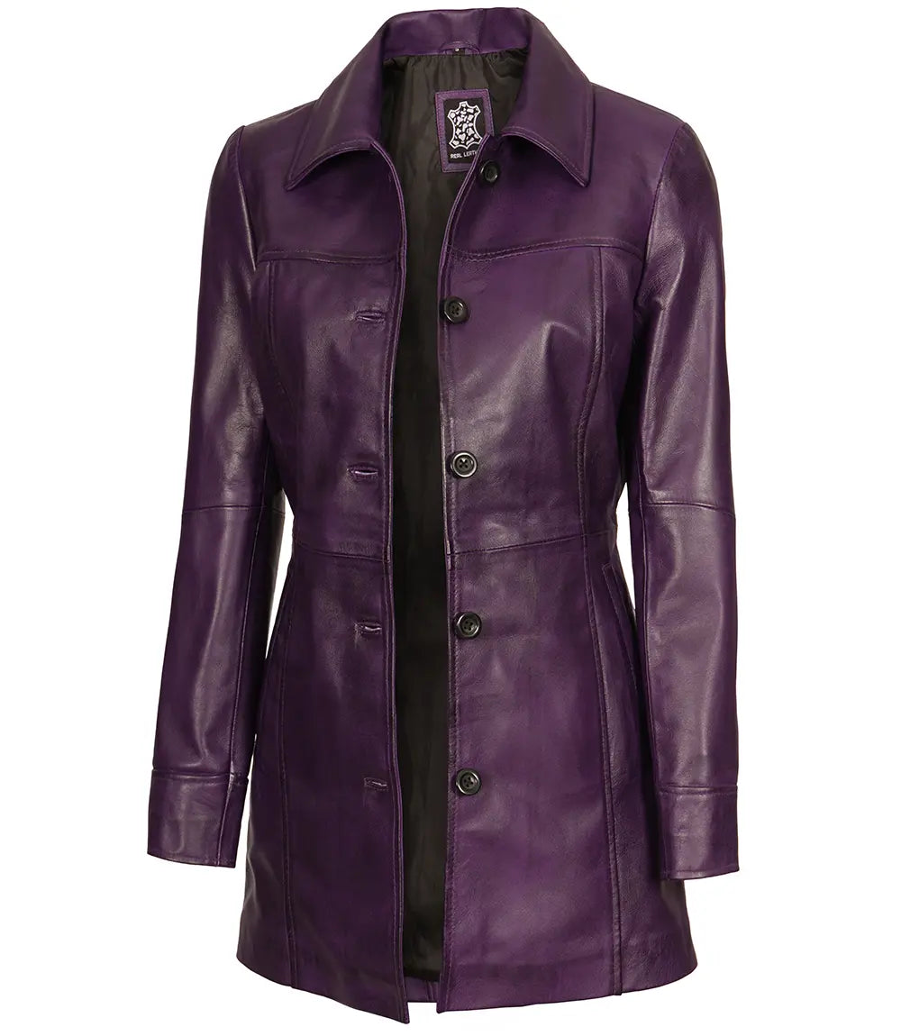 Bringo_Mens_Shirt_Collar_Button_Purple_Lambskin_Leather_Car_Trench_Winter_Long_Coat