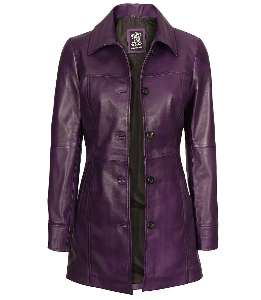 Bringo_Mens_Shirt_Collar_Button_Purple_Lambskin_Leather_Car_Trench_Winter_Long_Coat