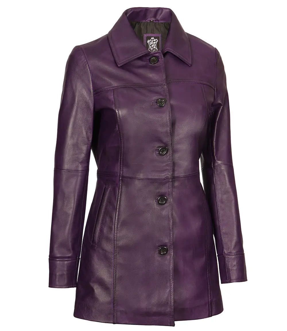 Bringo_Mens_Shirt_Collar_Button_Purple_Lambskin_Leather_Car_Trench_Winter_Long_Coat