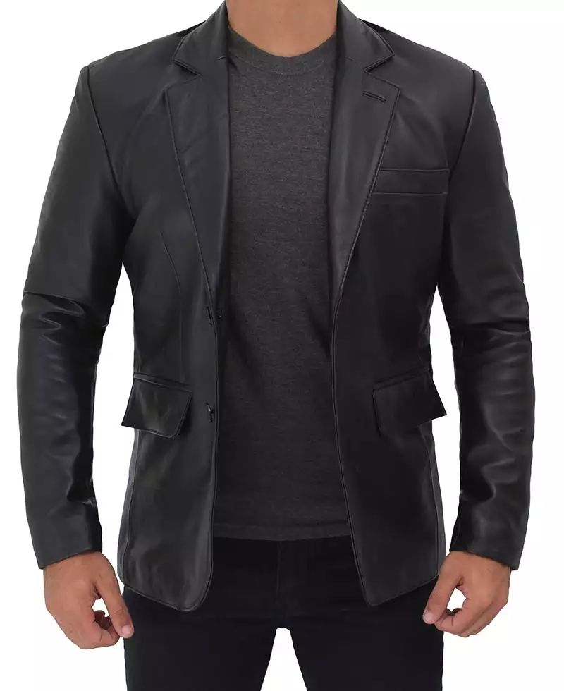 Bringo_Mens_Two_Button_Notch_Lapel_Jet_Black_Lambskin_Leather_Blazer_Coat_Vents
