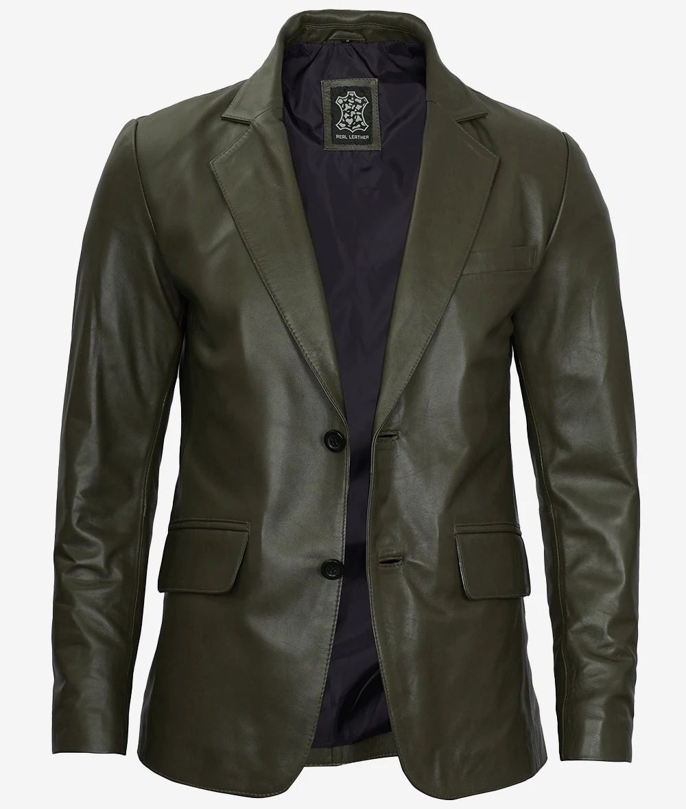 Bringo_Mens_Two_Button_Notch_Lapel_Olive_Green_Lambskin_Leather_Blazer_Vents