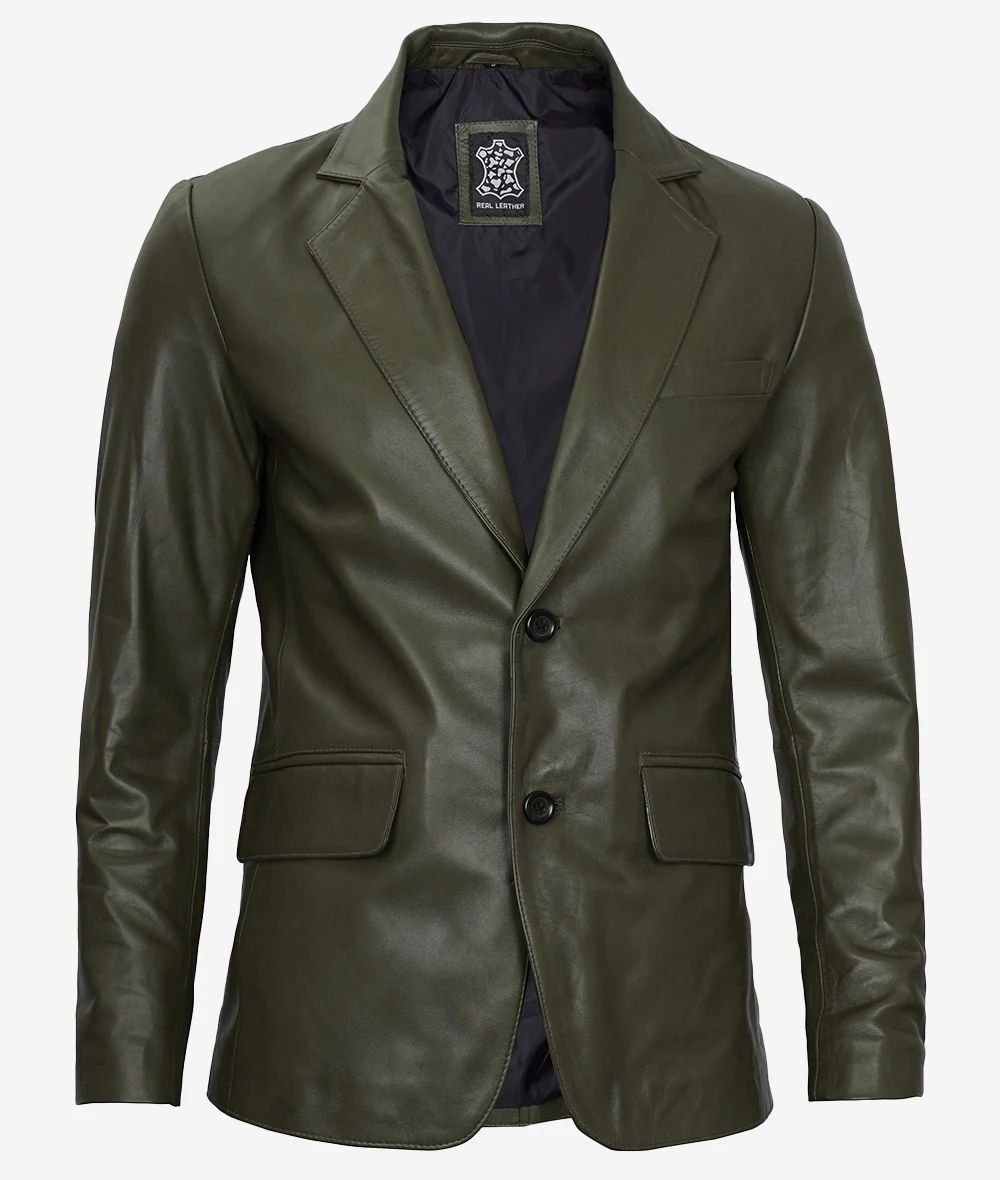 Bringo_Mens_Two_Button_Notch_Lapel_Olive_Green_Lambskin_Leather_Blazer_Vents