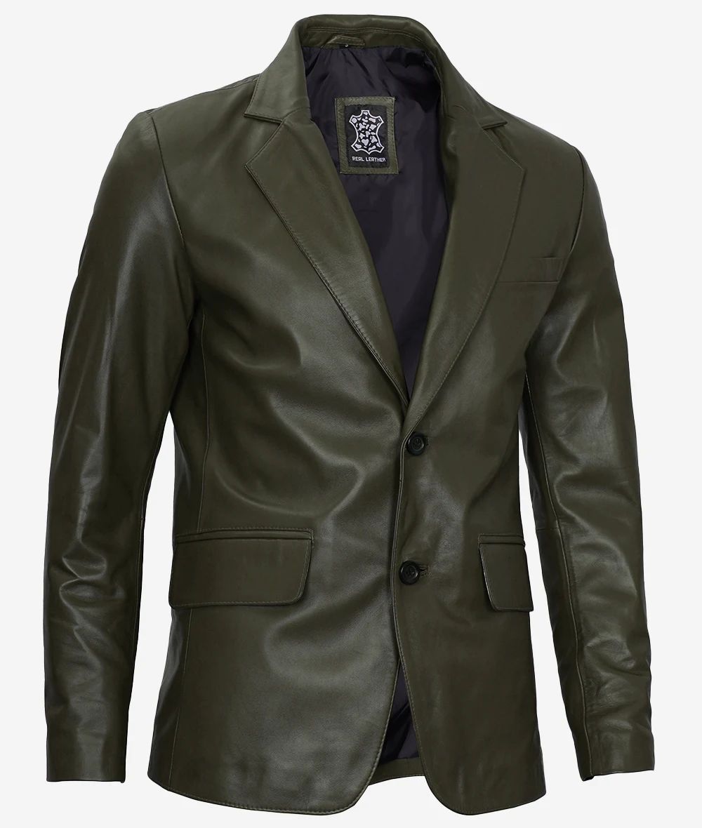 Bringo_Mens_Two_Button_Notch_Lapel_Olive_Green_Lambskin_Leather_Blazer_Vents