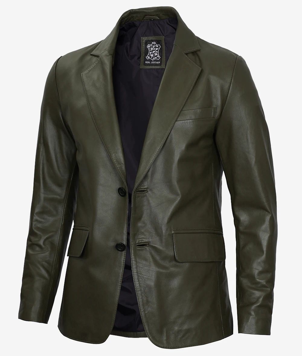 Bringo_Mens_Two_Button_Notch_Lapel_Olive_Green_Lambskin_Leather_Blazer_Vents