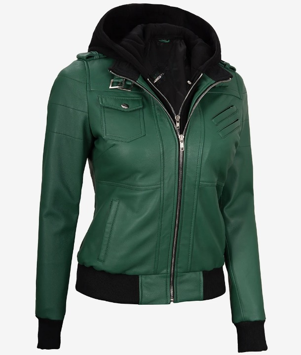 Bringo_Womens_Belted_Buckle_Collar_Removable_Hood_Green_Lambskin_Leather_Jacket_Metal_Zipper