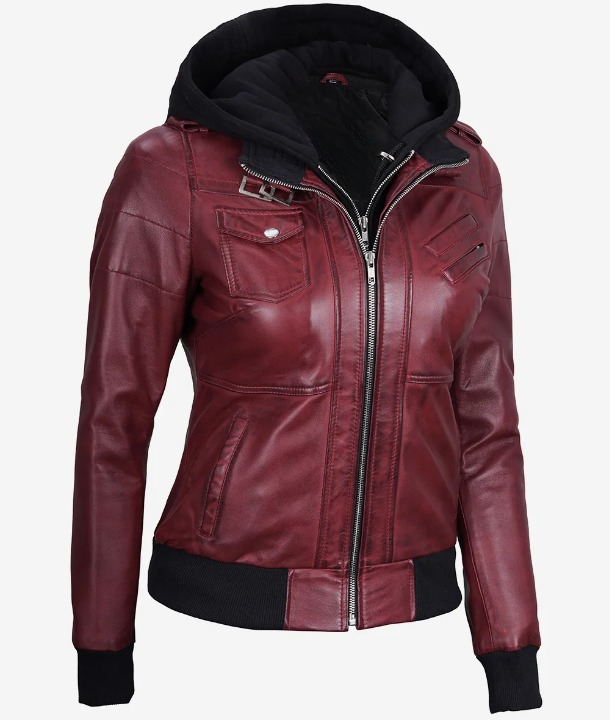 Bringo_Womens_Belted_Buckle_Collar_Removable_Hood_Maroon_Lambskin_Leather_Jacket_Metal_Zipper