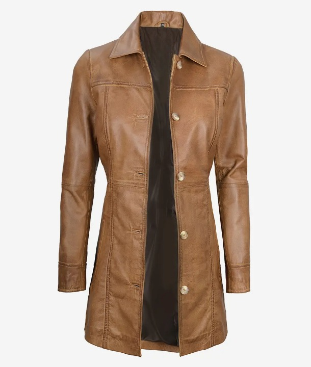 Bringo_Womens_Button_Shirt_Collar_Camel_Brown_Lambskin_Leather_Car_Trench_Winter_Long_Coat
