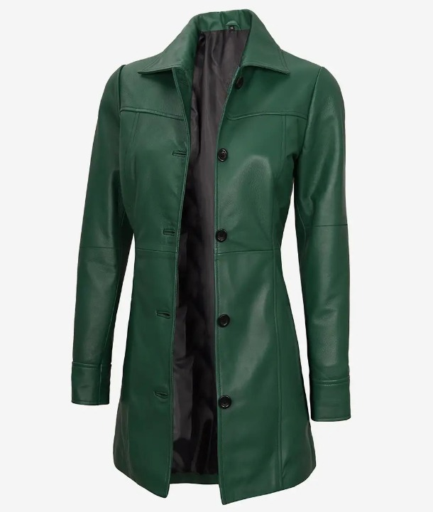 Bringo_Womens_Button_Shirt_Collar_Green_Lambskin_Leather_Car_Trench_Winter_Long_Coat