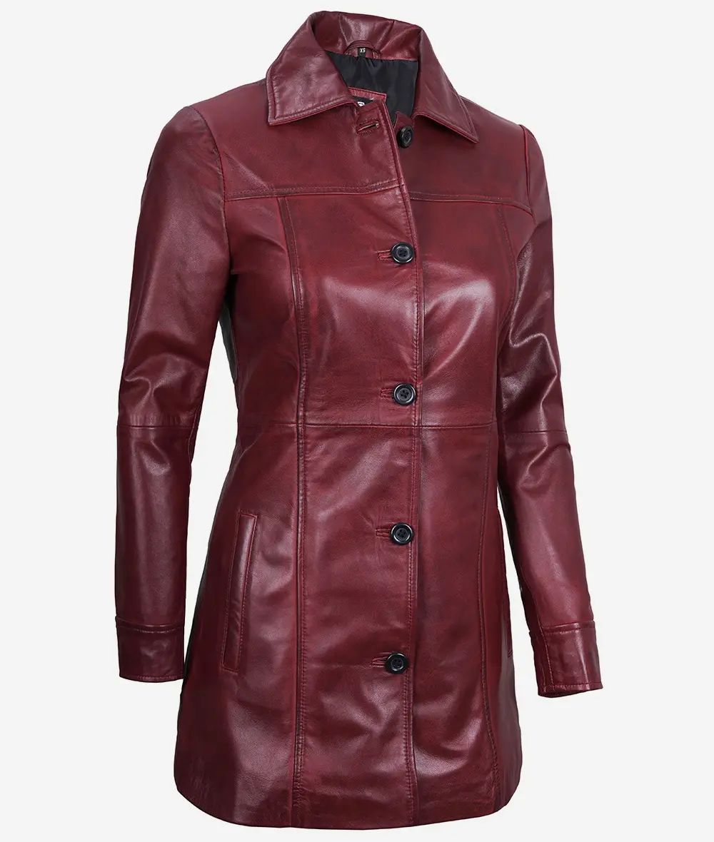 Bringo_Womens_Button_Shirt_Collar_Maroon_Lambskin_Leather_Car_Trench_Winter_Long_Coat