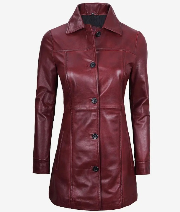 Bringo_Womens_Button_Shirt_Collar_Maroon_Lambskin_Leather_Car_Trench_Winter_Long_Coat