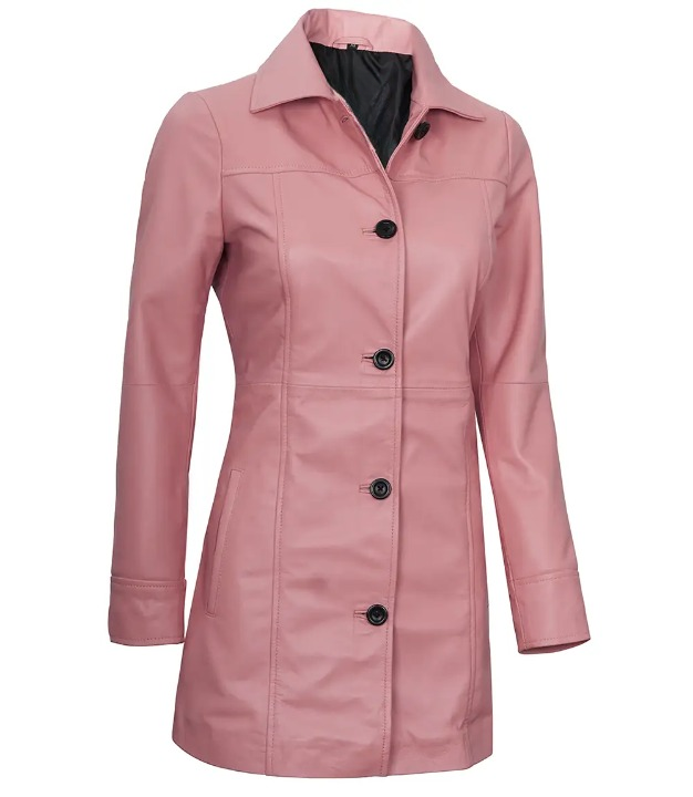Bringo_Womens_Button_Shirt_Collar_Pink_Lambskin_Leather_Car_Trench_Winter_Long_Coat