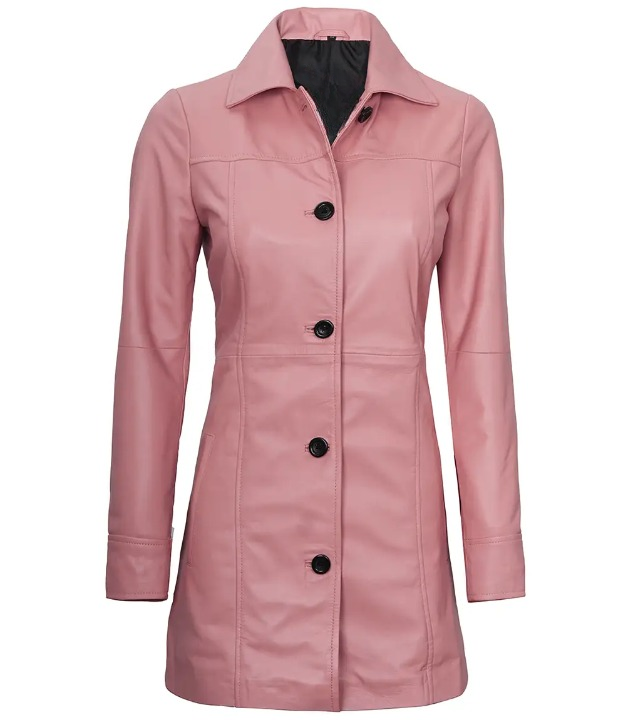 Bringo_Womens_Button_Shirt_Collar_Pink_Lambskin_Leather_Car_Trench_Winter_Long_Coat