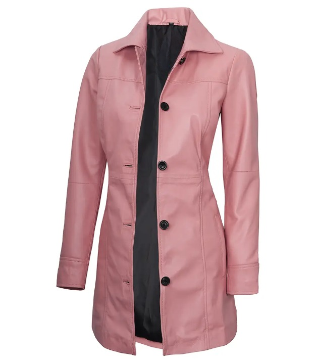 Bringo_Womens_Button_Shirt_Collar_Pink_Lambskin_Leather_Car_Trench_Winter_Long_Coat