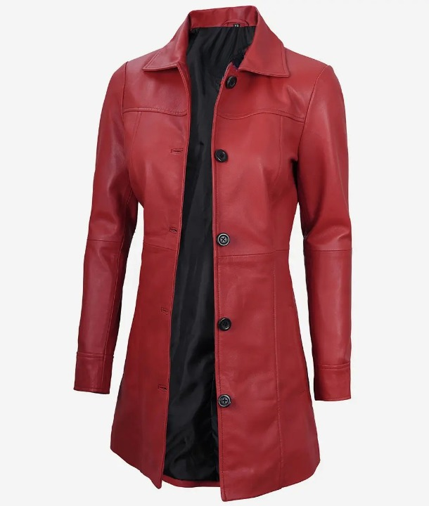 Bringo_Womens_Button_Shirt_Collar_Red_Lambskin_Leather_Car_Trench_Winter_Long_Coat