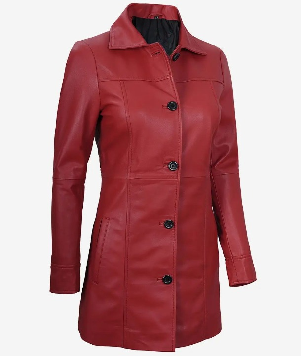 Bringo_Womens_Button_Shirt_Collar_Red_Lambskin_Leather_Car_Trench_Winter_Long_Coat