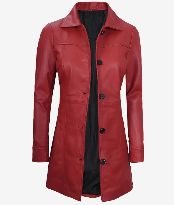 Bringo_Womens_Button_Shirt_Collar_Red_Lambskin_Leather_Car_Trench_Winter_Long_Coat
