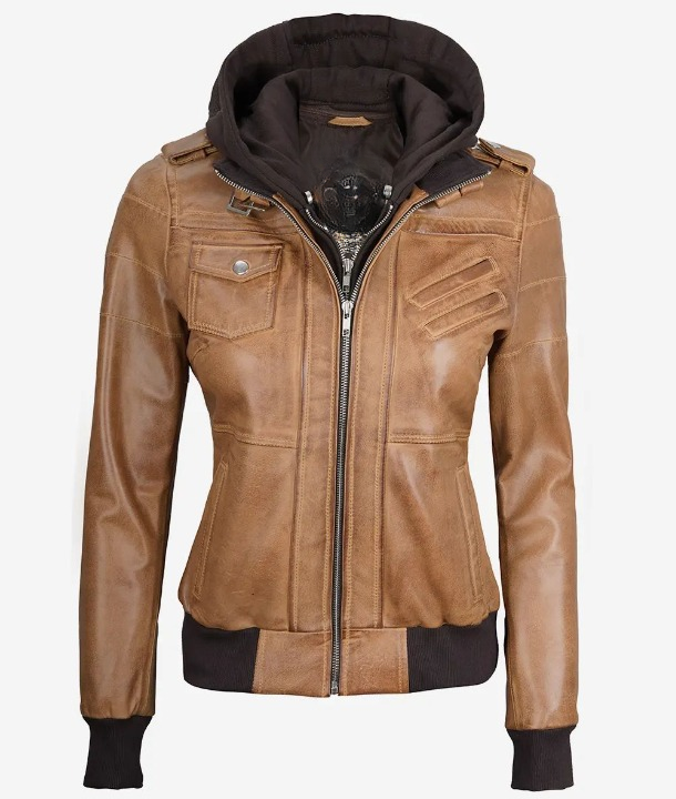 Bringo_Womens_Moto_Biker_Racer_Bomber_Removable_Hood_Belted_Buckle_Collar_Camel_Brown_Lambskin_Leather_Jacket