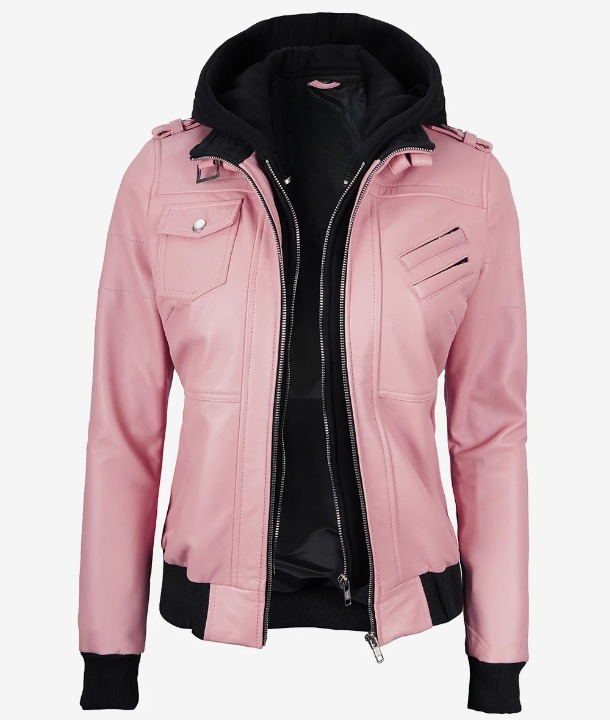 Bringo_Womens_Moto_Biker_Racer_Bomber_Removable_Hood_Belted_Buckle_Collar_Pink_Lambskin_Leather_Jacket