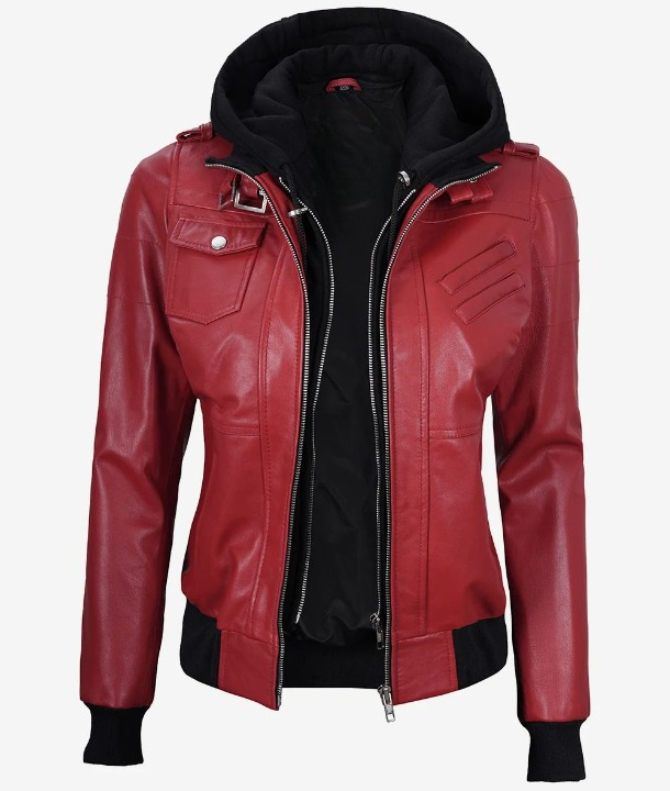 Bringo_Womens_Moto_Biker_Racer_Bomber_Removable_Hood_Belted_Buckle_Collar_Red_Lambskin_Leather_Jacket
