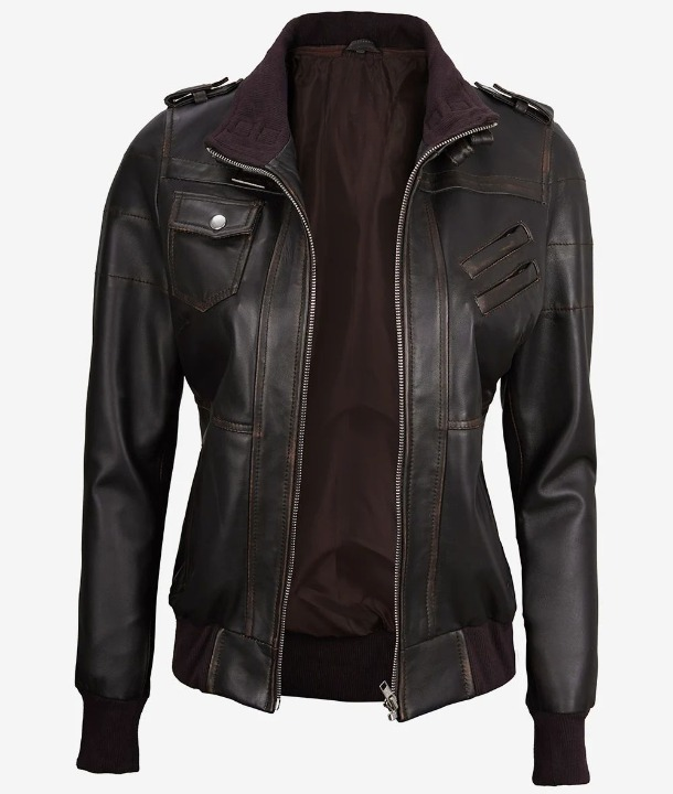 Bringo_Womens_Moto_Biker_Racer_Bomber_Removable_Hood_Belted_Buckle_Collar_Rub_Off_Vintage_Brown_Lambskin_Leather_Jacket