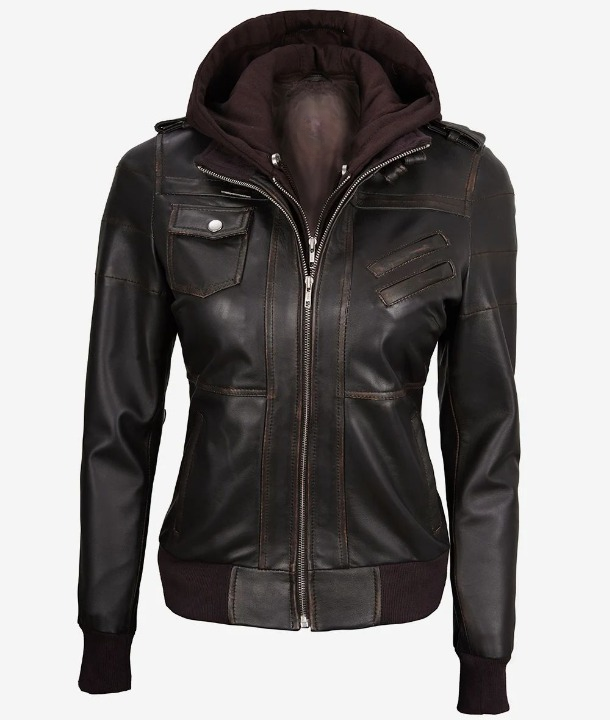Bringo_Womens_Moto_Biker_Racer_Bomber_Removable_Hood_Belted_Buckle_Collar_Rub_Off_Vintage_Brown_Lambskin_Leather_Jacket