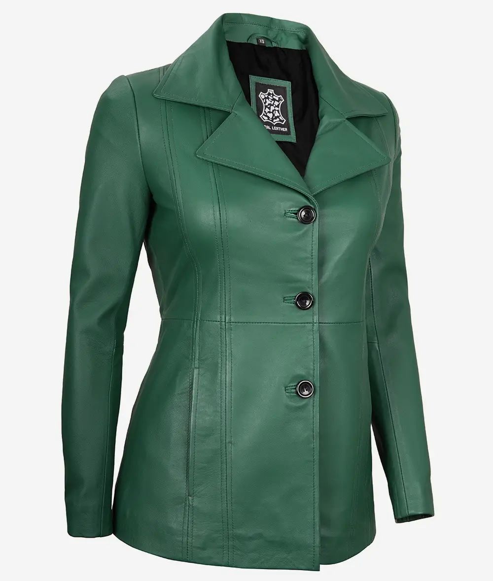 Bringo_Womens_Three_Button_Lapel_Collar_Green_Lambskin_Leather_Blazer