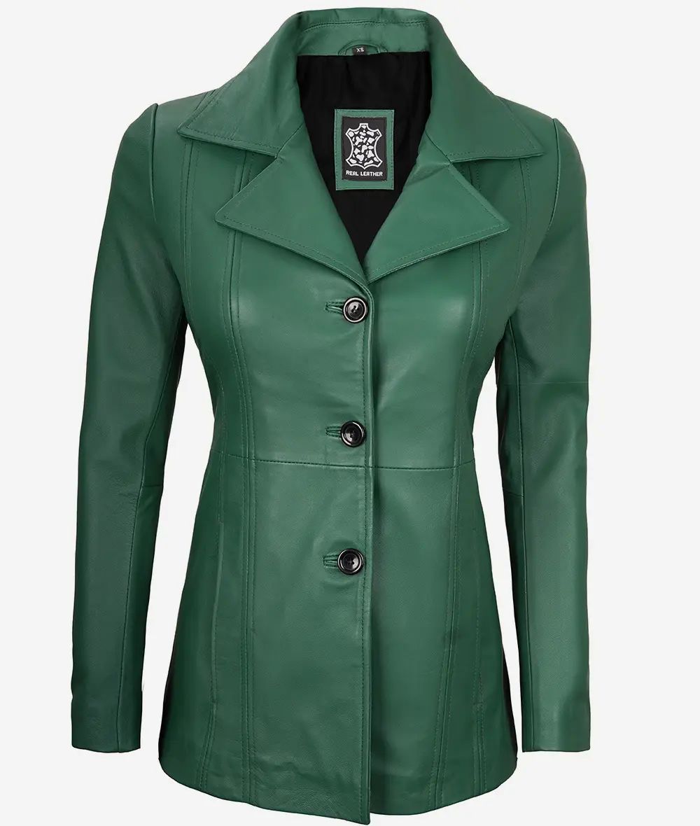 Bringo_Womens_Three_Button_Lapel_Collar_Green_Lambskin_Leather_Blazer