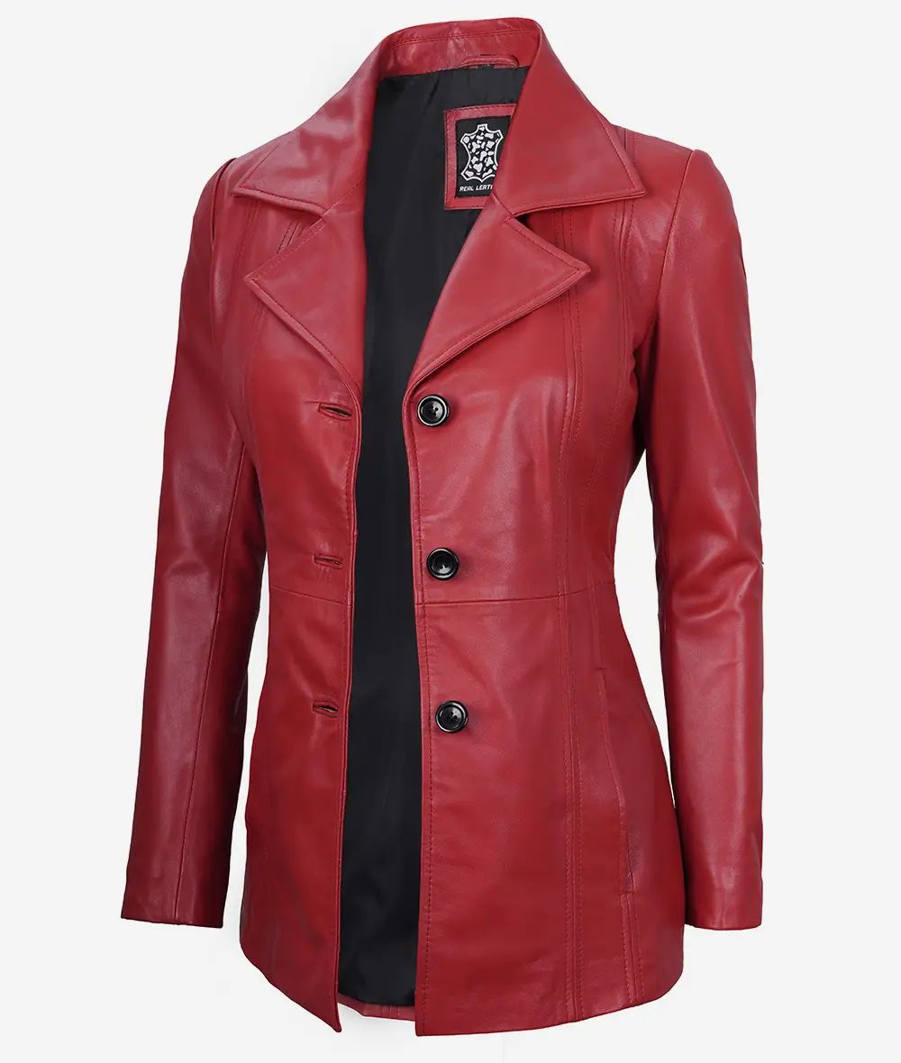 Bringo_Womens_Three_Button_Lapel_Collar_Red_Lambskin_Leather_Blazer