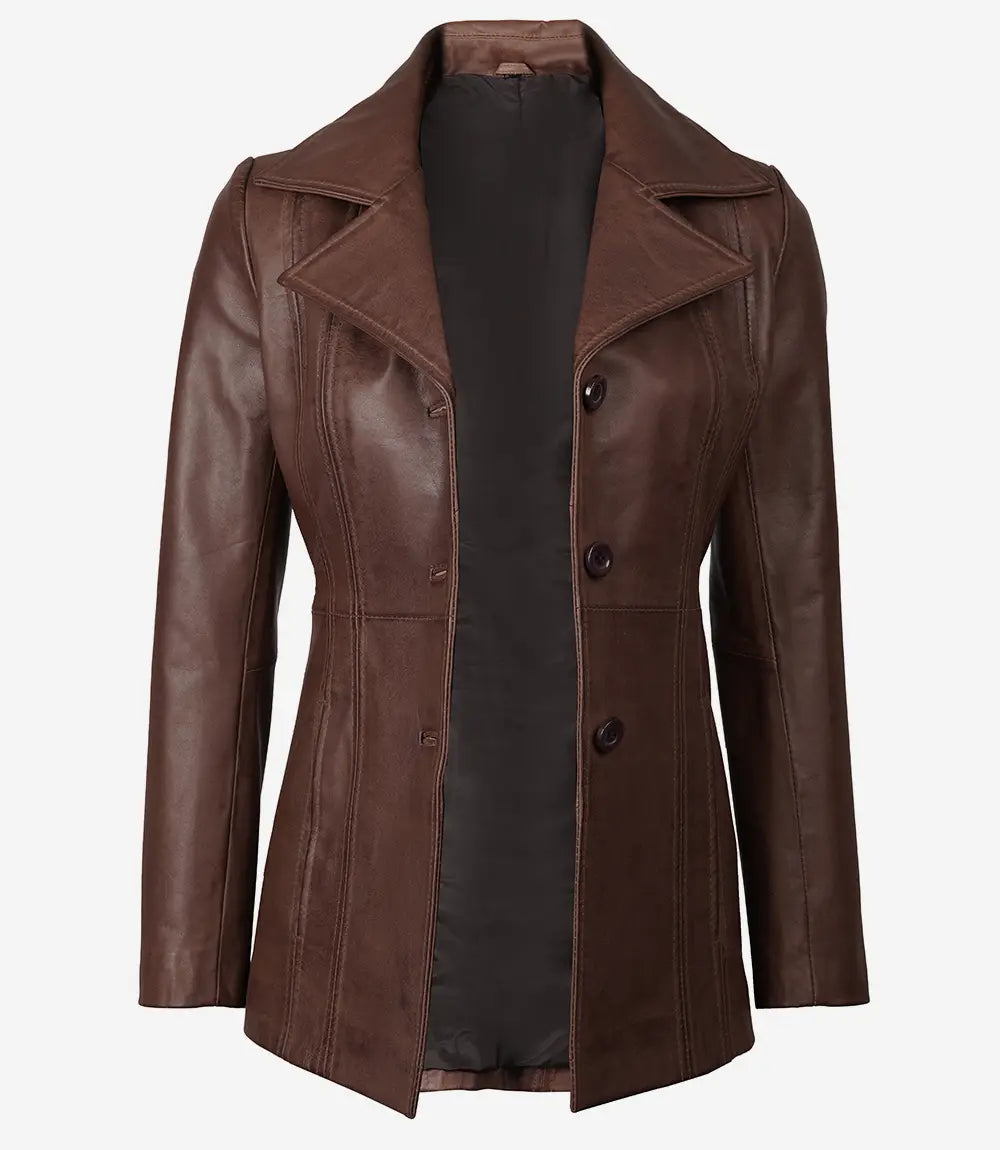 Women's New Stylish Design Real Lambskin Dark Brown Leather Car Trench Coat