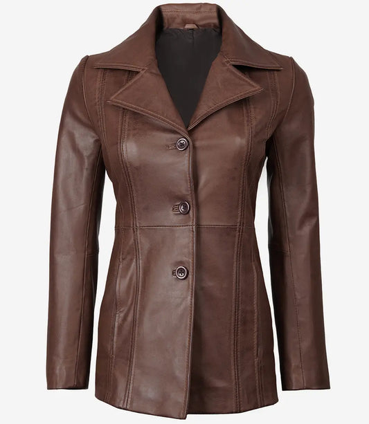 Women's New Stylish Design Real Lambskin Dark Brown Leather Car Trench Coat