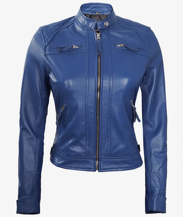 Women's Quilted Cafe Racer Moto Biker Real Lambskin Blue Leather Jacket