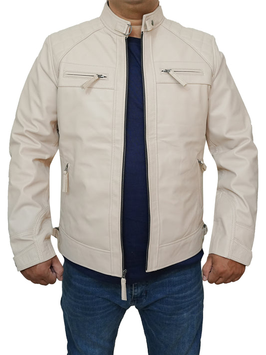 Men's Diamond Quilted Moto Biker Cafe Racer Real Lambskin Leather Jacket