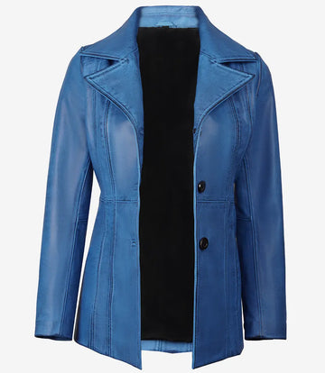Women's Stylish Blue Waxed Three Button Real Lambskin Leather Car Trench Coat
