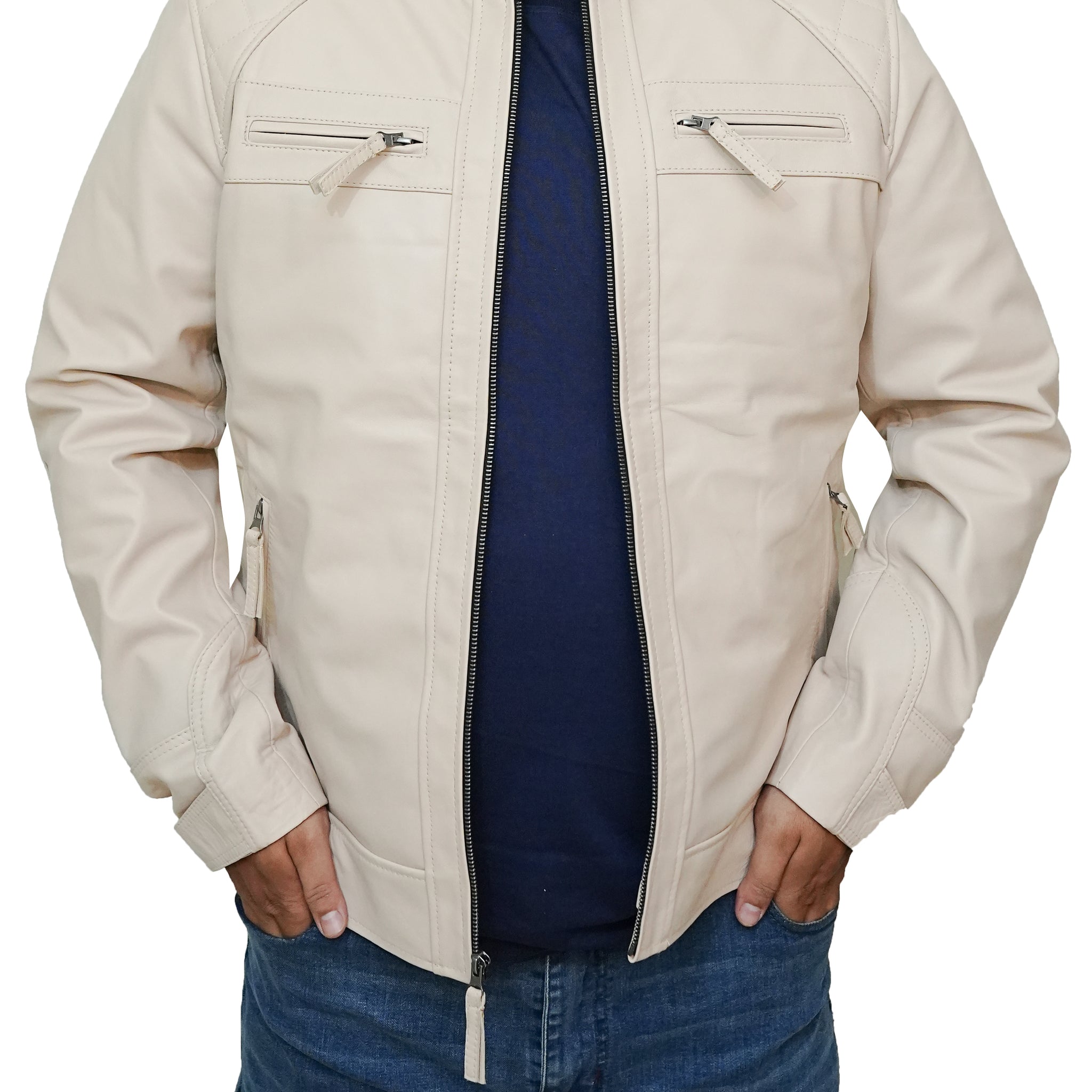Men's Diamond Quilted Moto Biker Cafe Racer Real Lambskin Leather Jacket