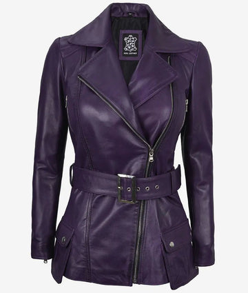 Women's Designer Look Belted Moto Biker Real Lambskin Leather Jacket