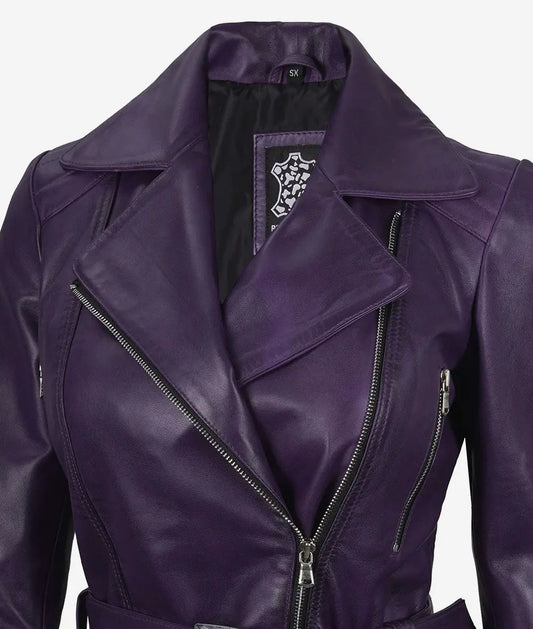 Women's Designer Look Belted Moto Biker Real Lambskin Leather Jacket