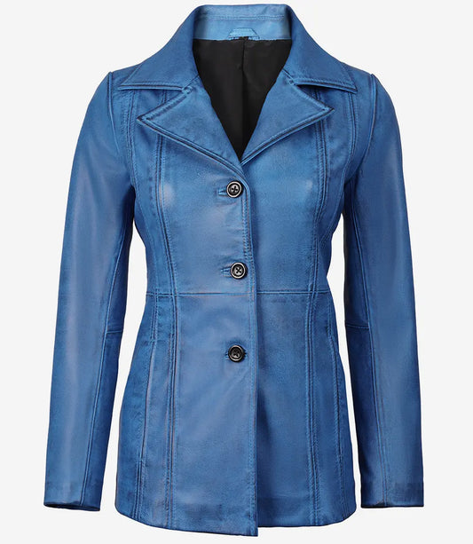 Women's Stylish Blue Waxed Three Button Real Lambskin Leather Car Trench Coat