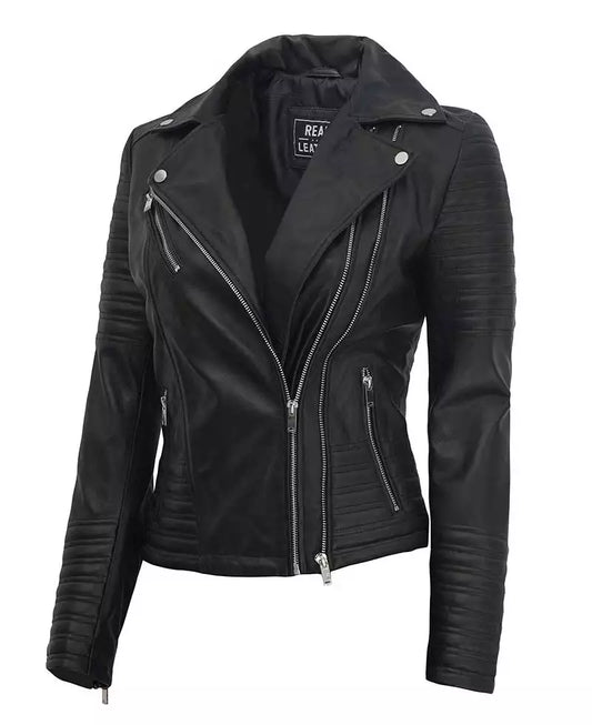 Women's Asymmetrical Moto Biker Real Lambskin Black Finest Leather Jacket
