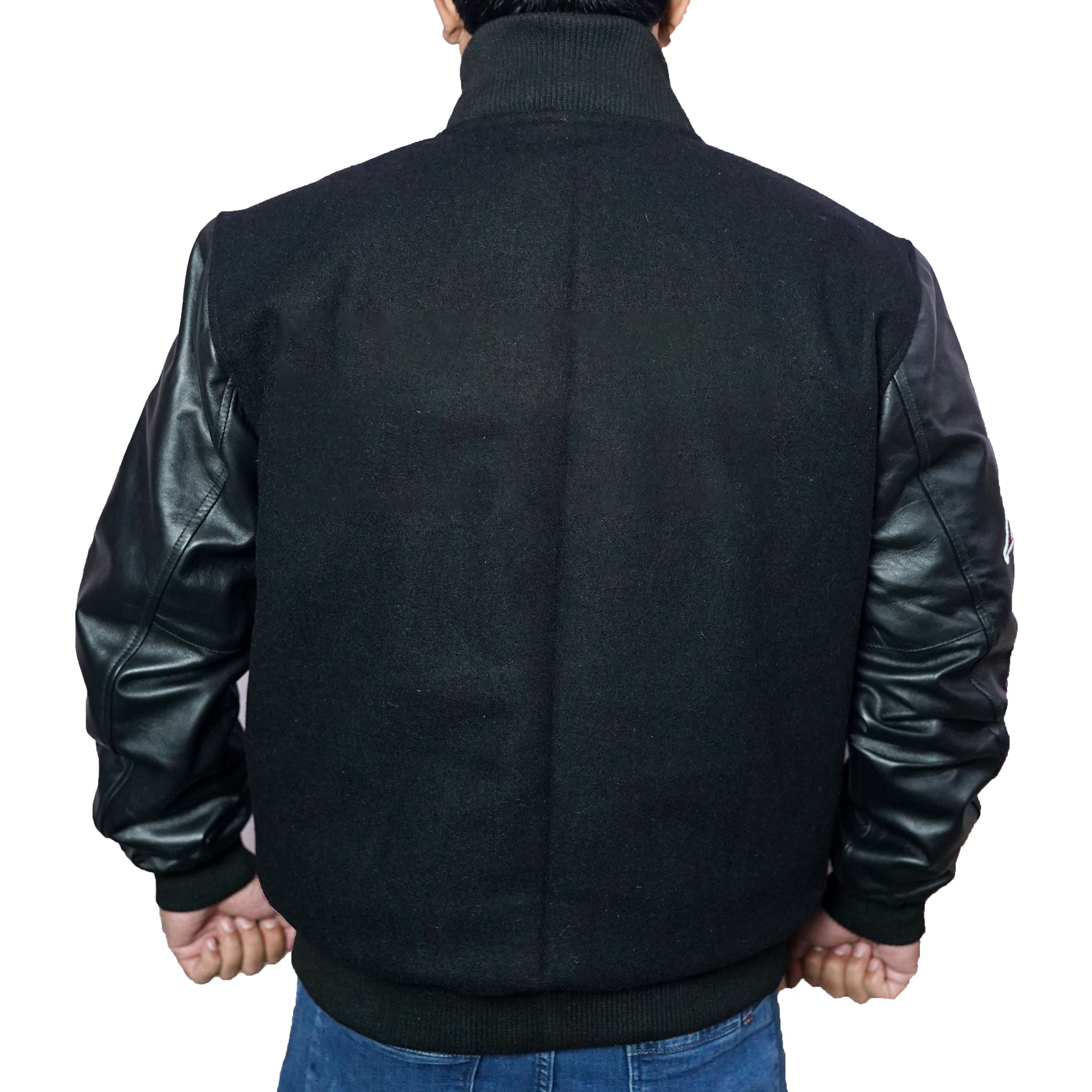 Bringo_Mans_Moto_Biker_Racer_Bomber_Rib_Knitted_Collar_Varsity_Letterman_Jacket_Black_Wool_Lambskin_Leather_Snap_Button
