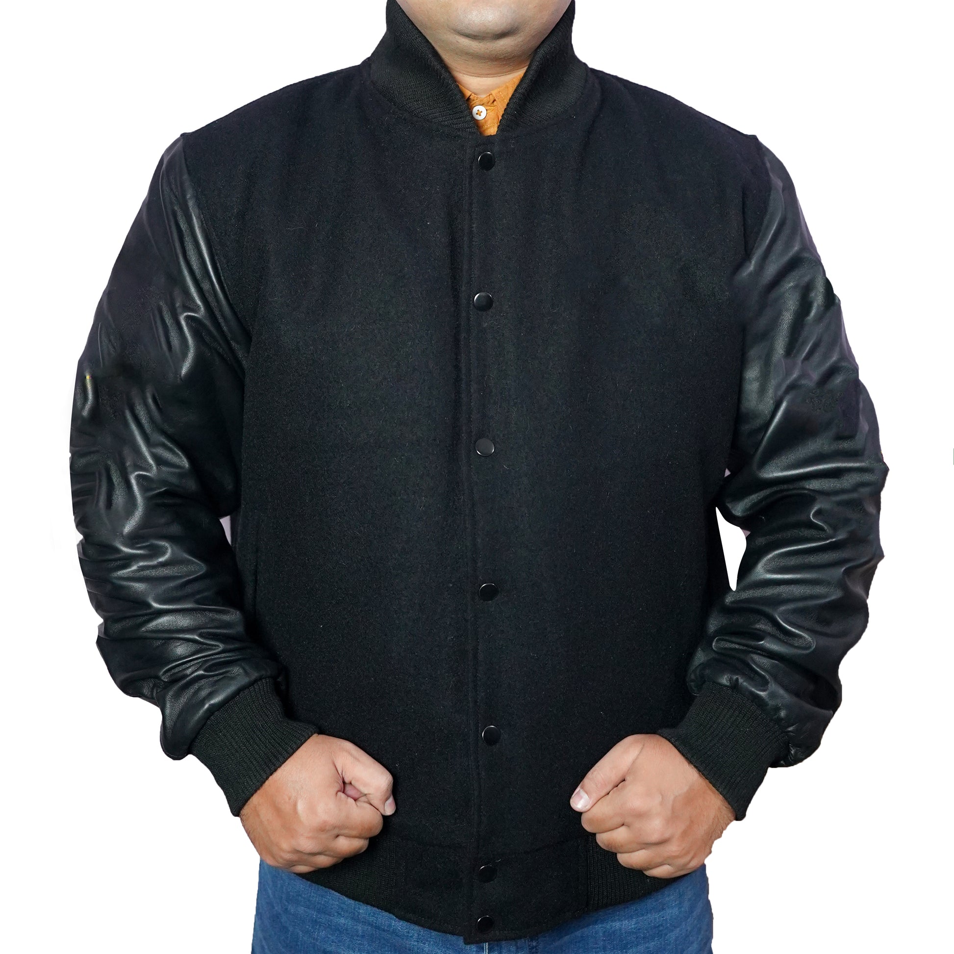 Bringo_Mans_Moto_Biker_Racer_Bomber_Rib_Knitted_Collar_Varsity_Letterman_Jacket_Black_Wool_Lambskin_Leather_Snap_Button