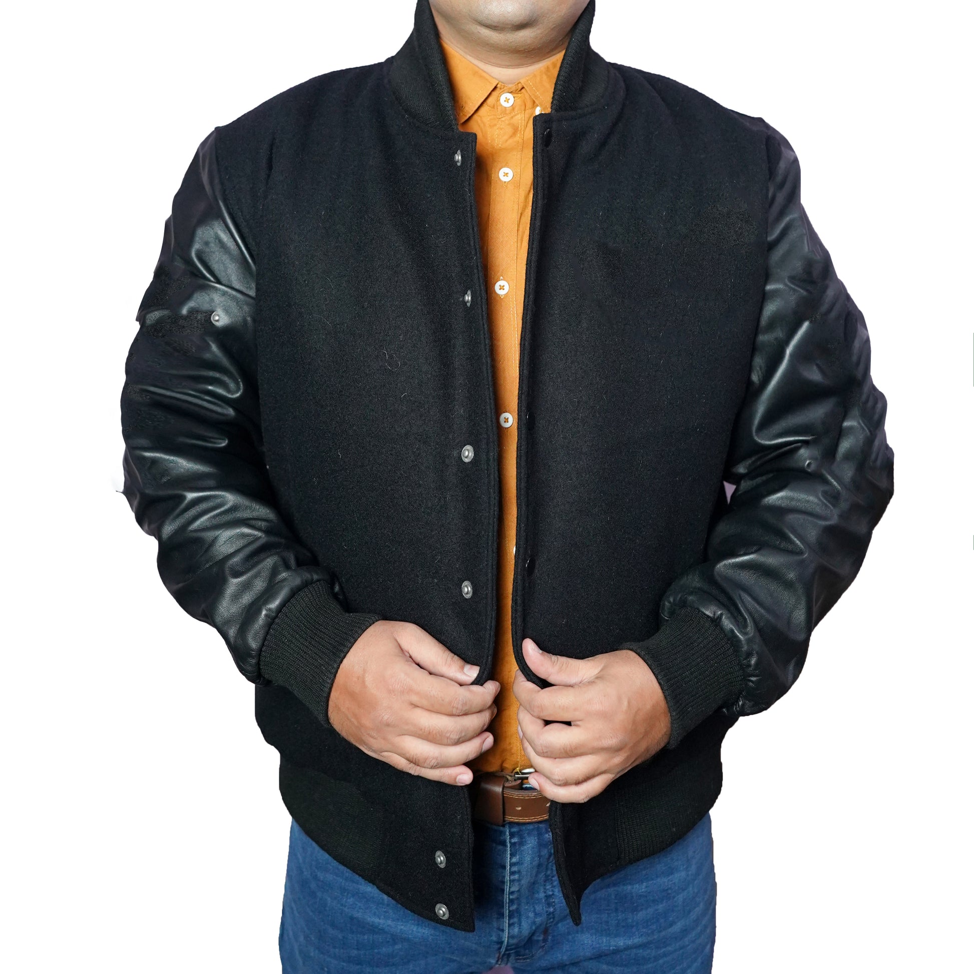 Bringo_Mans_Moto_Biker_Racer_Bomber_Rib_Knitted_Collar_Varsity_Letterman_Jacket_Black_Wool_Lambskin_Leather_Snap_Button