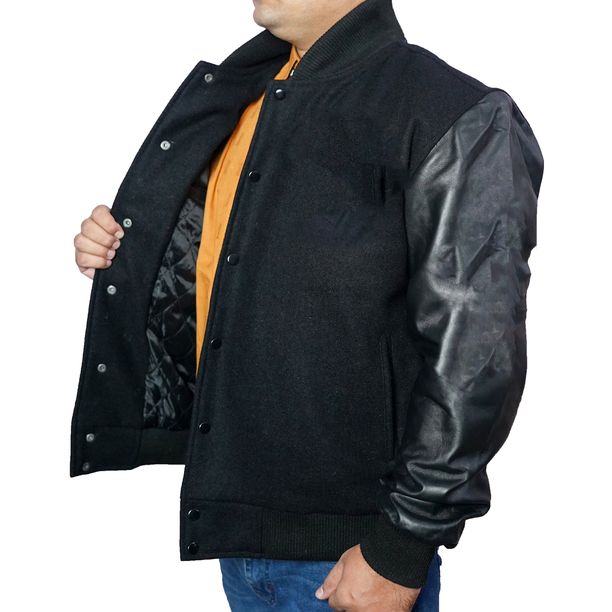 Bringo_Mans_Moto_Biker_Racer_Bomber_Rib_Knitted_Collar_Varsity_Letterman_Jacket_Black_Wool_Lambskin_Leather_Snap_Button