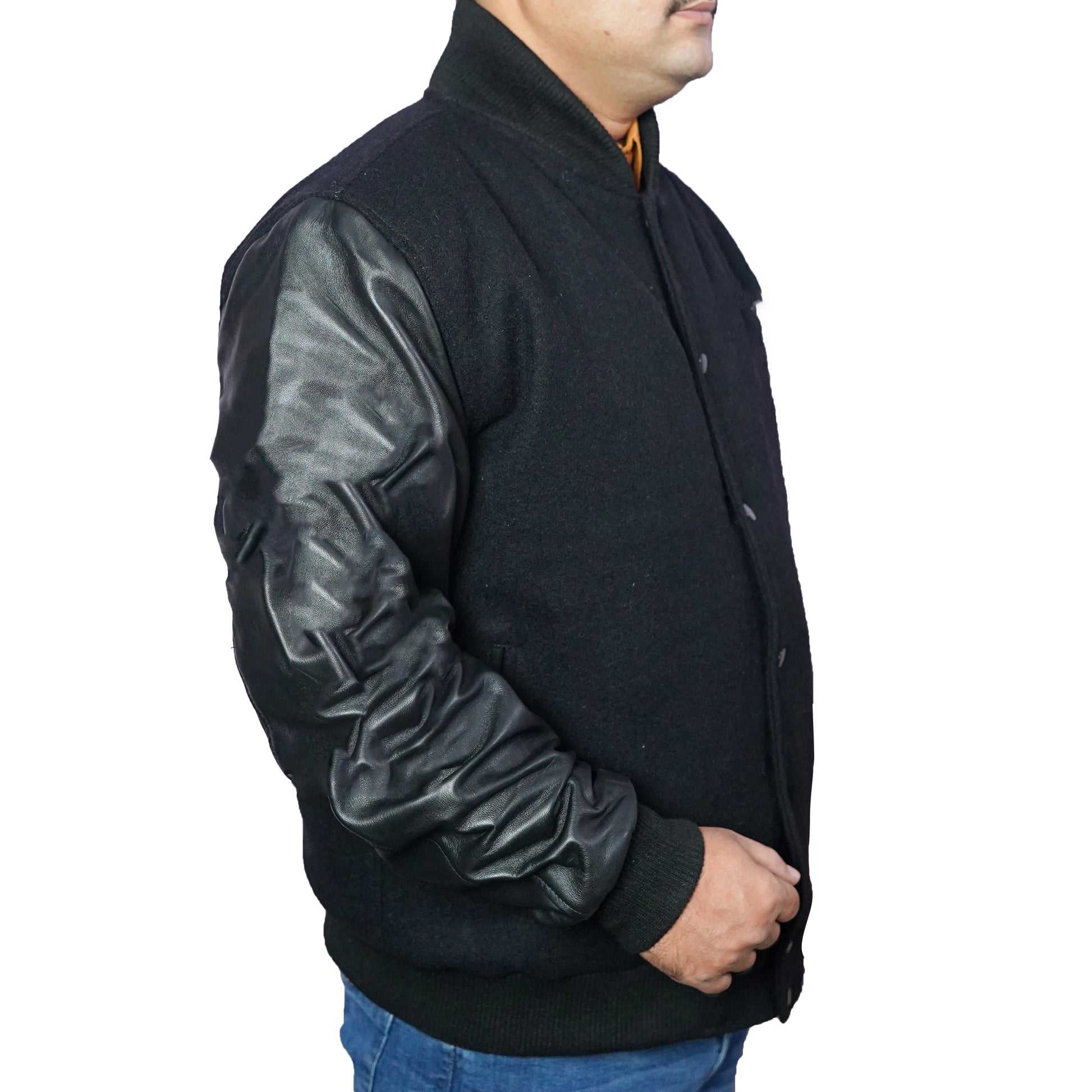 Bringo_Mans_Moto_Biker_Racer_Bomber_Rib_Knitted_Collar_Varsity_Letterman_Jacket_Black_Wool_Lambskin_Leather_Snap_Button