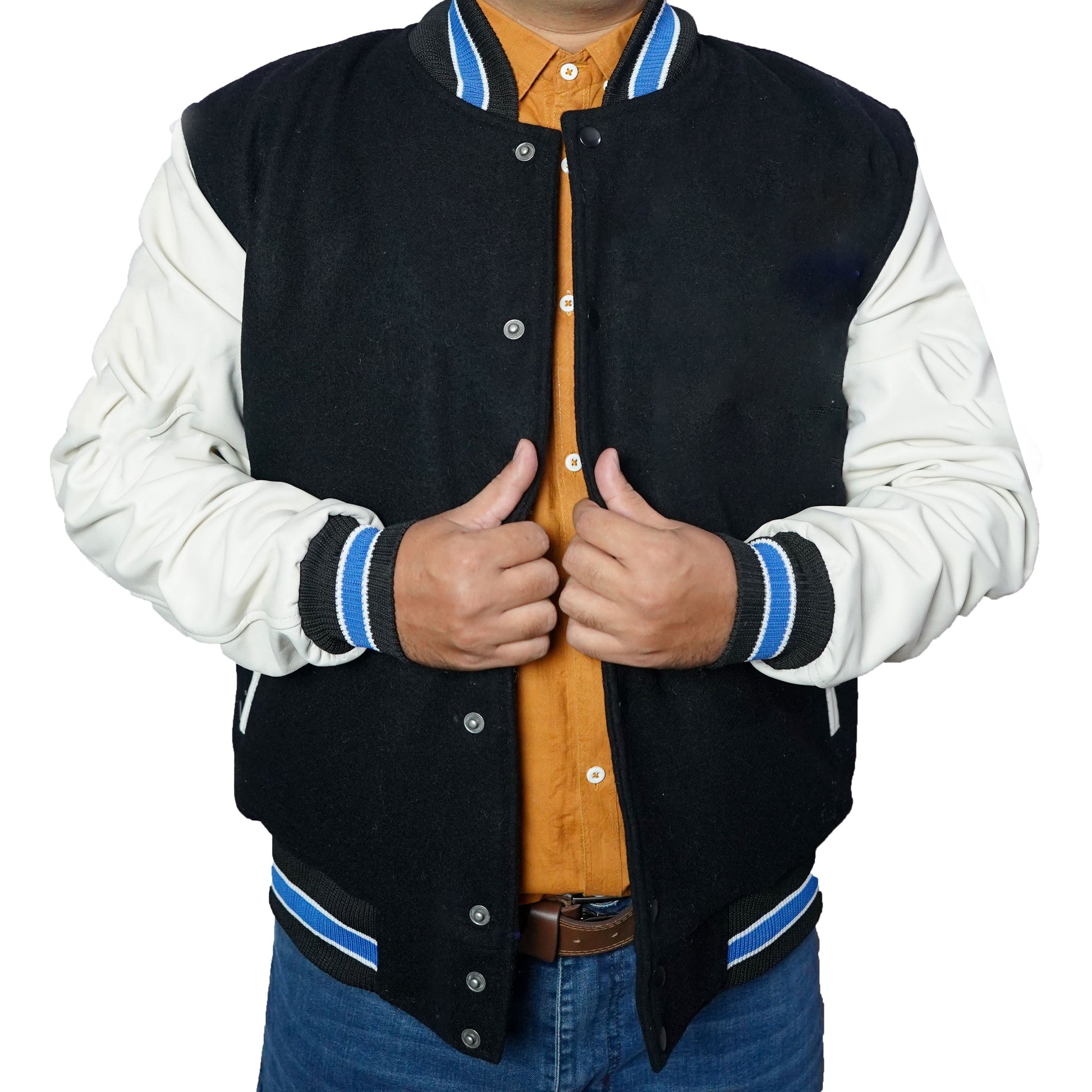 Bringo_Mans_Moto_Biker_Racer_Bomber_Rib_Knitted_Collar_Varsity_Letterman_Jacket_Black_Wool_White_Lambskin_Leather_Snap_Button
