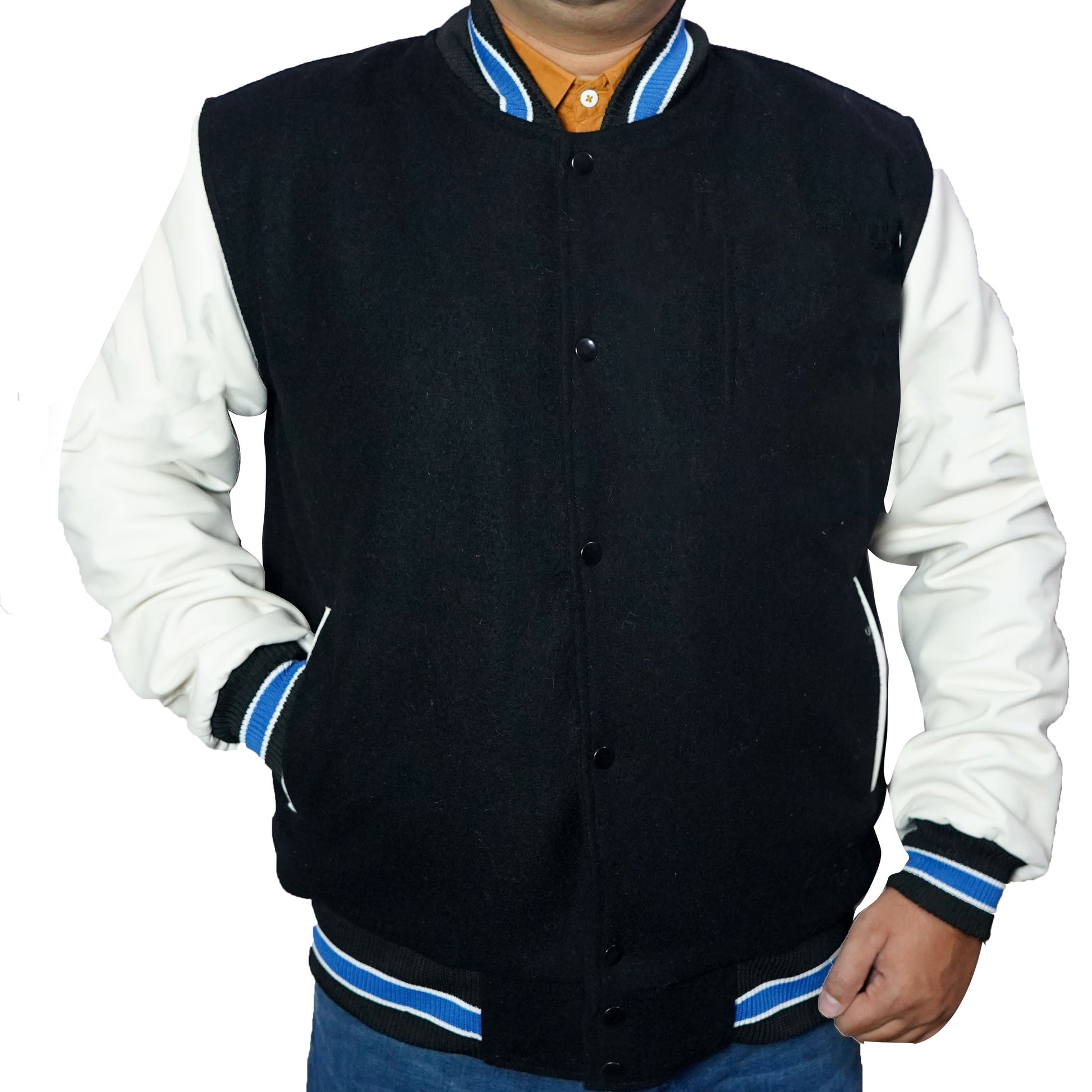 Bringo_Mans_Moto_Biker_Racer_Bomber_Rib_Knitted_Collar_Varsity_Letterman_Jacket_Black_Wool_White_Lambskin_Leather_Snap_Button