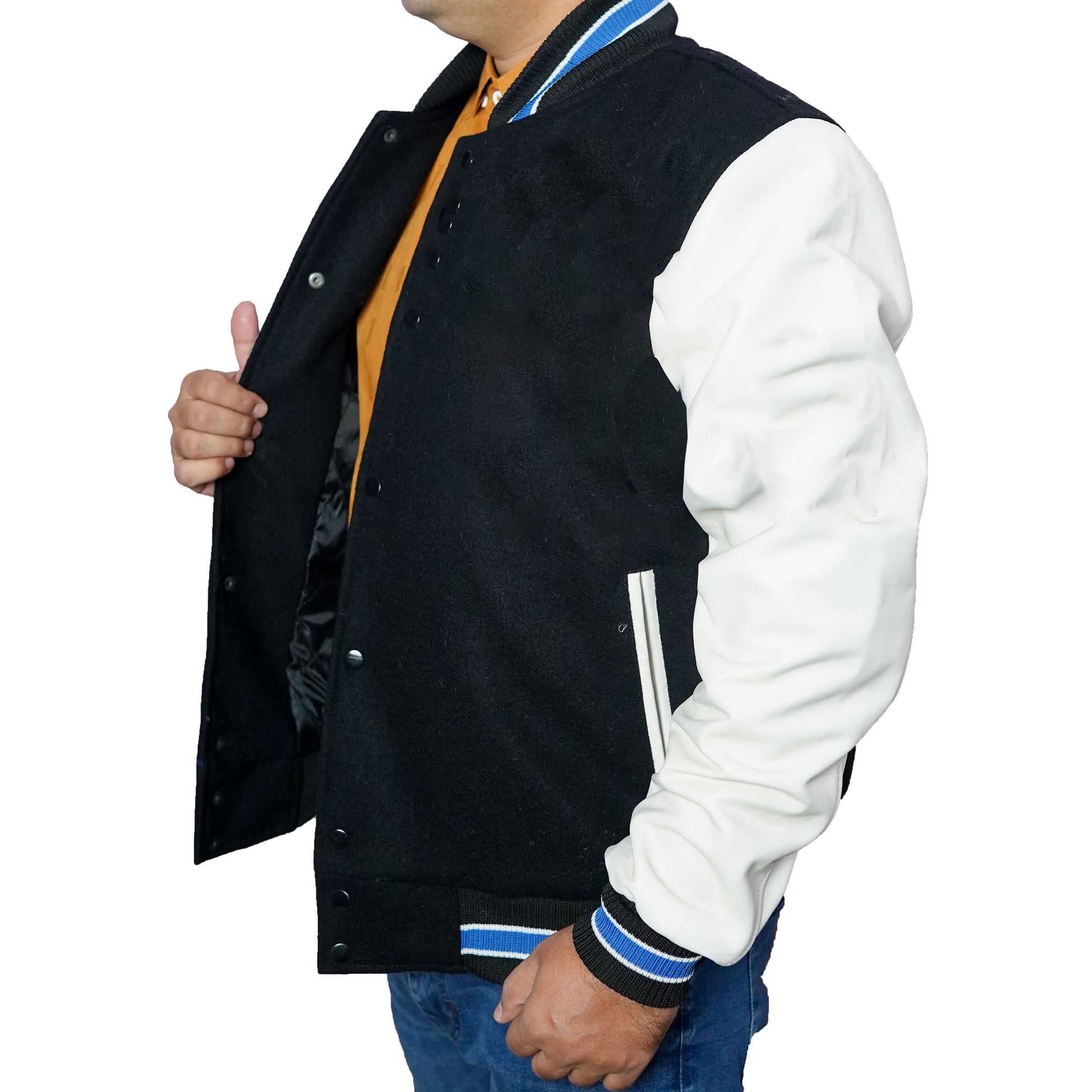 Bringo_Mans_Moto_Biker_Racer_Bomber_Rib_Knitted_Collar_Varsity_Letterman_Jacket_Black_Wool_White_Lambskin_Leather_Snap_Button