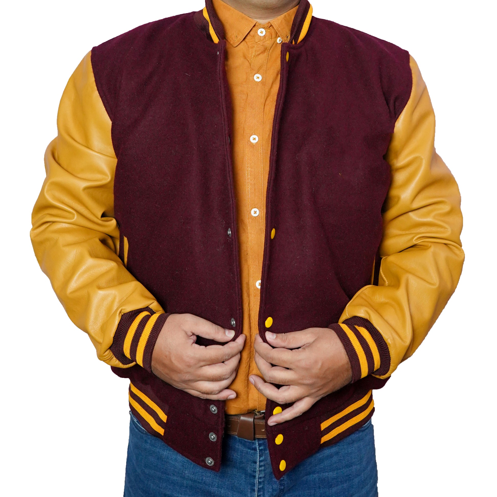 Bringo_Mans_Moto_Biker_Racer_Bomber_Rib_Knitted_Collar_Varsity_Letterman_Jacket_Maroon_Wool_Yellow_Lambskin_Leather_Snap_Button