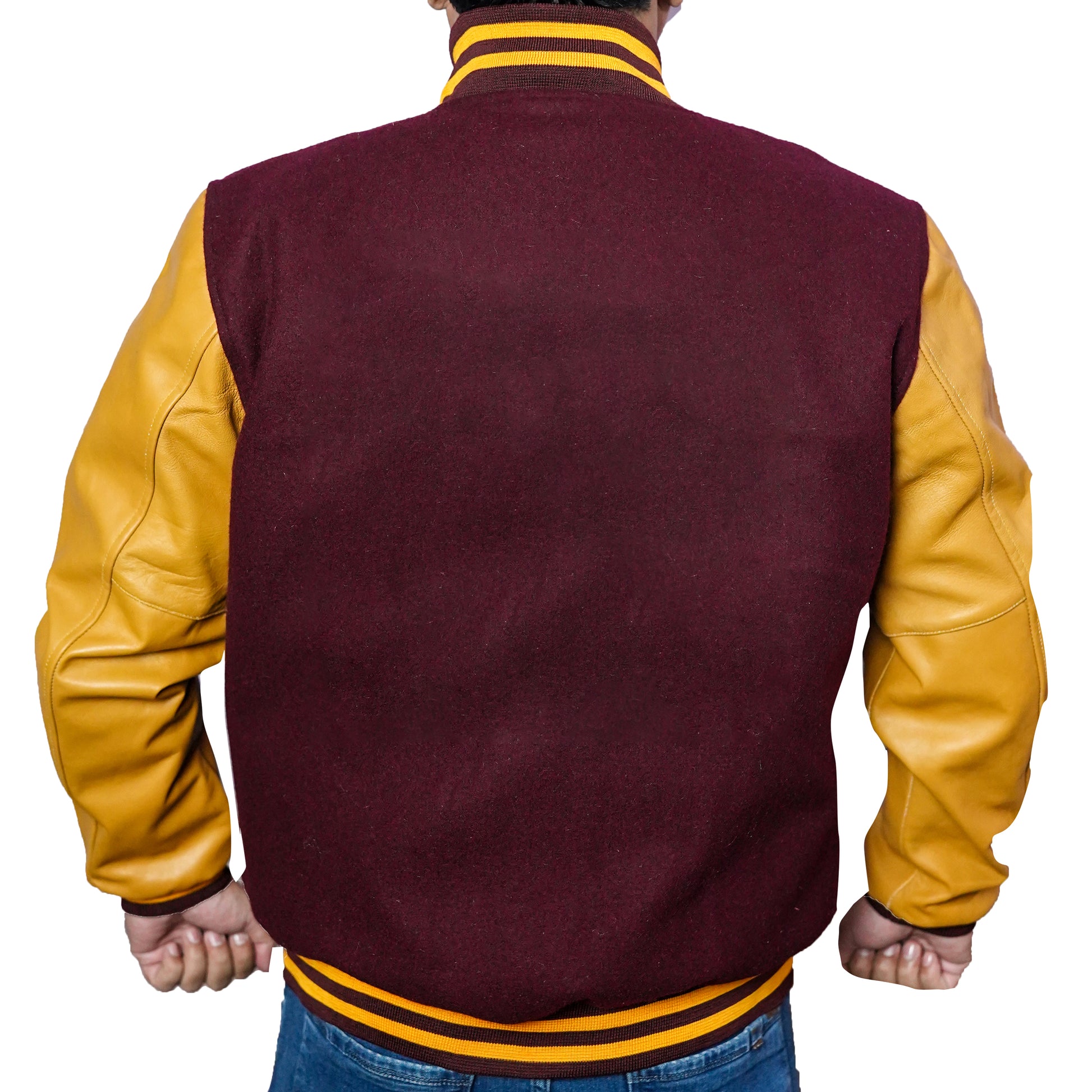 Bringo_Mans_Moto_Biker_Racer_Bomber_Rib_Knitted_Collar_Varsity_Letterman_Jacket_Maroon_Wool_Yellow_Lambskin_Leather_Snap_Button